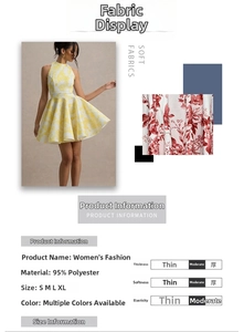 Detail of yellow floral dress material showing soft fabric texture and product specifications