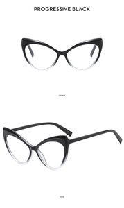 Detailed front and side views of stylish cat-eye glasses frames in progressive black finish