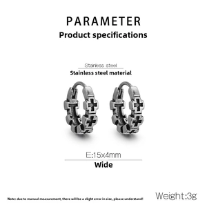 Detail showing dimensions of retro silver stainless steel earring with cross pattern