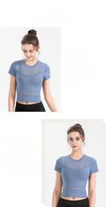 Close-up of mesh splicing details on moisture-wicking women's yoga crop top