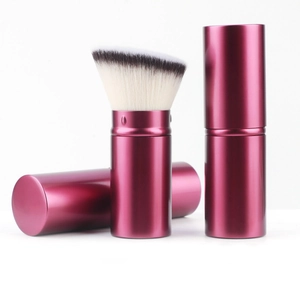 Portable retractable makeup brush set with purple metal casing and soft dual-tone bristles