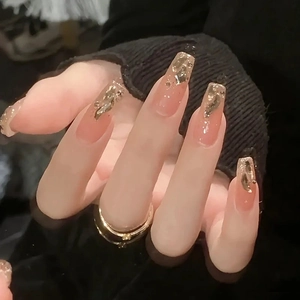 Long coffin champagne gold glitter press-on nails set with elegant aurora foil finish