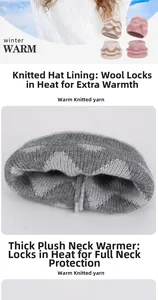 Detail view of winter knitted hat and scarf set with thick warm lining and wave pattern