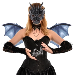 Carnival dragon costume set including black dragon mask and blue dragon wings for adults