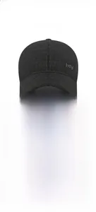 Detail view of dark grey winter baseball cap featuring side hey letter embroidery