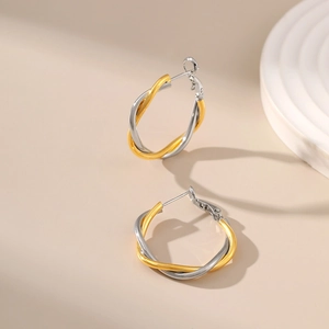 Twisted two-tone gold and silver minimalist cross design hoop earrings for men and women