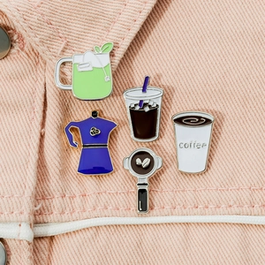 5pcs cartoon coffee and tea enamel pins set on a pink denim jacket, zinc alloy badges