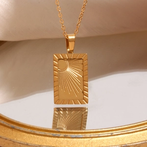 18K gold plated stainless steel necklace with sun engraved rectangular pendant charm