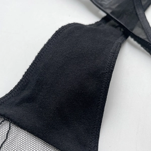 Black mesh thong with leaf embroidery and breathable cotton crotch for women