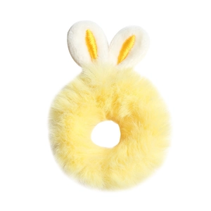 Cute yellow plush bunny ear hair scrunchie made of soft elastic fleece material