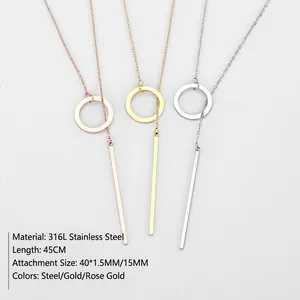 Three minimalist stainless steel geometric pendant necklaces in steel, gold, and rose gold