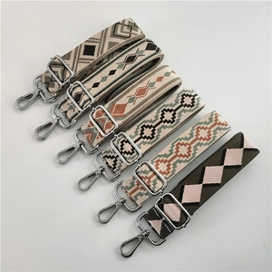 Ethnic style jacquard cotton wide bag straps with geometric patterns and silver buckles