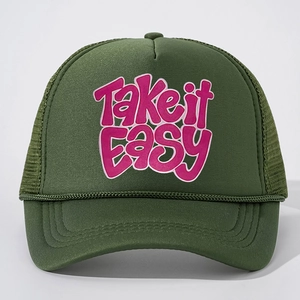 Olive green trucker hat with pink Take it easy text and breathable mesh back