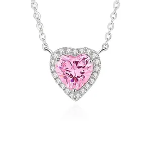 925 Sterling Silver Necklace With Pink Heart Cubic Zirconia Pendant Elegant Jewelry Gift For Women