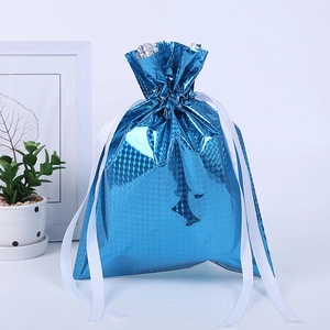Bright blue metallic drawstring gift bag with diamond texture for Christmas presents