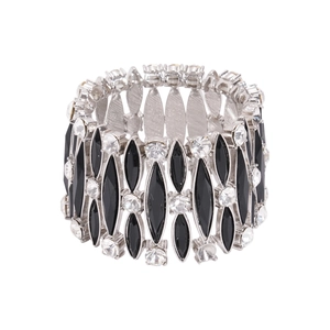Bracciale elastico gotico con base in argento, rombi neri e cristalli bianchi lucidi
