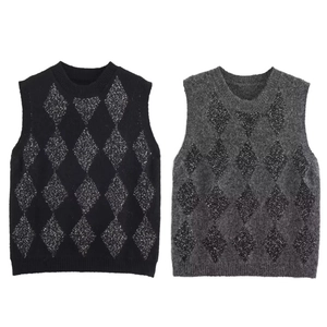 Argyle Sequin Knitted Vest Sleeveless Round Neck Polyester Plush Waistcoat Elegant Casual Top For Women Streetwear