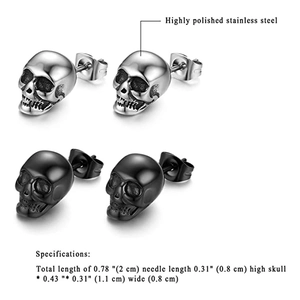 Vintage gothic skull stud earrings in polished stainless steel for men and women