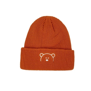 Caramel knit hat for kids with cute bear embroidery and stylish rolled edge