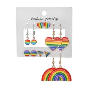 Set of 5 rainbow enamel stud earrings including hearts and rainbow bridge for women