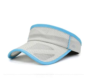 Detailed side view of grey mesh sun visor hat with blue trim and breathable texture