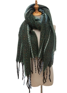 Detail of dark green knit scarf featuring colorful dots, white stripes and fringe trim