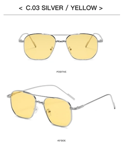 Silver metal aviator sunglasses with yellow lenses shown in front and 45-degree side views