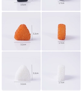 Detailed macro view showing dimensions of realistic triangular and rectangular sushi models