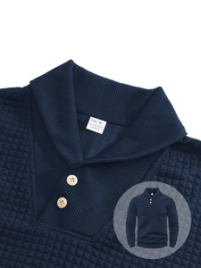 Detail of navy blue waffle knit texture and buttoned polo collar on men's pullover shirt