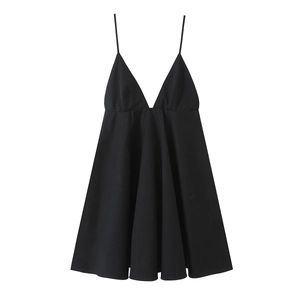 Women Black Mini Slip Dress Deep V Neck Spaghetti Strap Polyester Solid Color Summer Party Sexy Bodycon