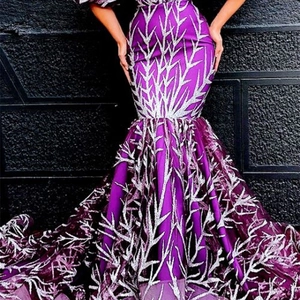 Elegant purple mermaid evening gown with silver branch embroidery and shimmering sequins