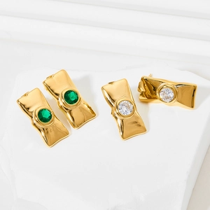 14K gold plated stainless steel earrings with rectangle emerald and white zircon stones