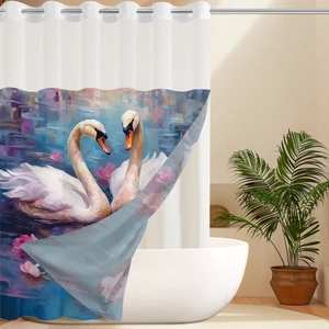 Detailed close-up of water-resistant shower curtain with artistic swan and flower oil painting