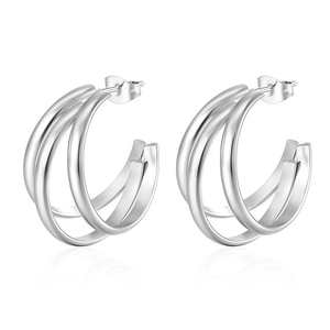 Polished silver stainless steel multi-layer hoop earrings with a sleek C-shaped design