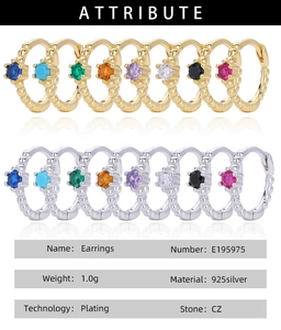 Detailed catalog of S925 sterling silver earrings with colorful CZ stones in gold and silver