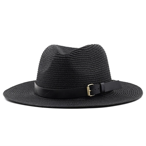 Chapeau Fedora Panama en paille noire avec ruban en cuir et boucle dorée pour l'été
