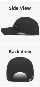 Detail view of black outdoor baseball cap showing metal logo and adjustable buckle strap