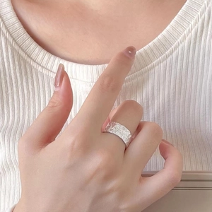 Minimalist wide silver ring for women with unique textured crinkled foil metal finish
