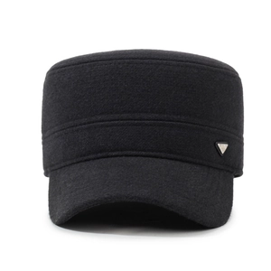 Winter black wool flat top cadet cap with thick fleece lining and metal triangle badge