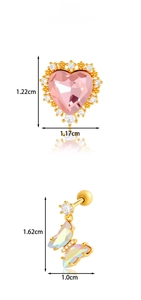Detailed view of gold heart stud earring with pink gem and sparkling zircon stones