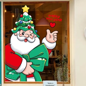 Cartoon Santa Claus with Christmas tree hat window stickers and Happy New Year text