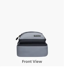 Front view detail of grey and black oxford fabric backpack with Fashion logo patch