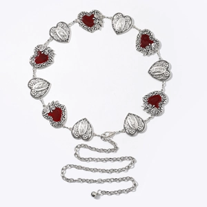 Silver heart-link waist chain with red stone inlay and vintage carved motifs