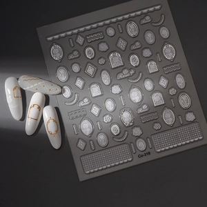 Detail view of retro rose nail art stickers with embossed silver frames and 3D floral patterns