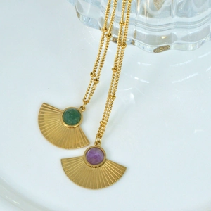 Classic fan-shaped natural stone pendant necklaces in 14K gold-plated stainless steel