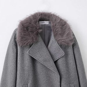 Elegant grey wool coat for women featuring a luxurious faux fur collar and button closure