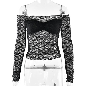 Slim fit black sheer lace off-the-shoulder long sleeve top for women on white background