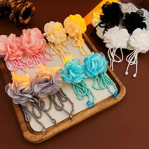 Floral Tassel Drop Earrings With Chiffon Flower Beaded Fringe And Silver Earring Post Elegant Vintage Jewelry For Women