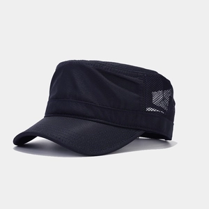 Detail of breathable large mesh side panels on a quick-dry cadet cap for men