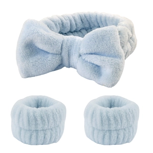 Soft light blue coral fleece wash set with bow headband and two absorbent wristbands
